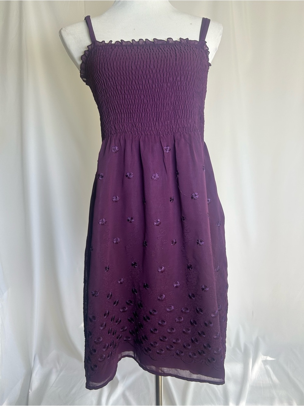 Embroidered Romy Deep Plum Smocked Midi Dress